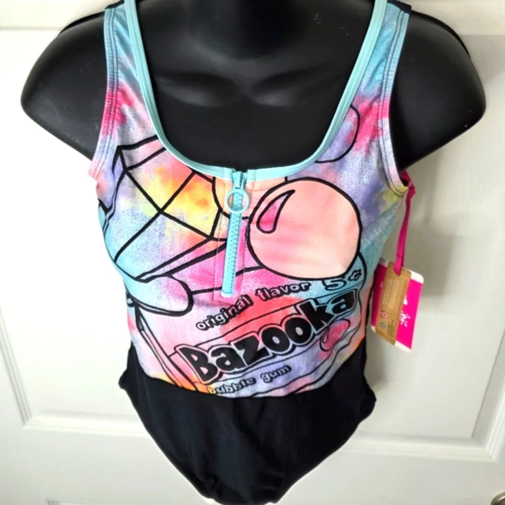Justice Bazooka Logo Girls One-Piece Zip Front Junior Swimsuit. NEW